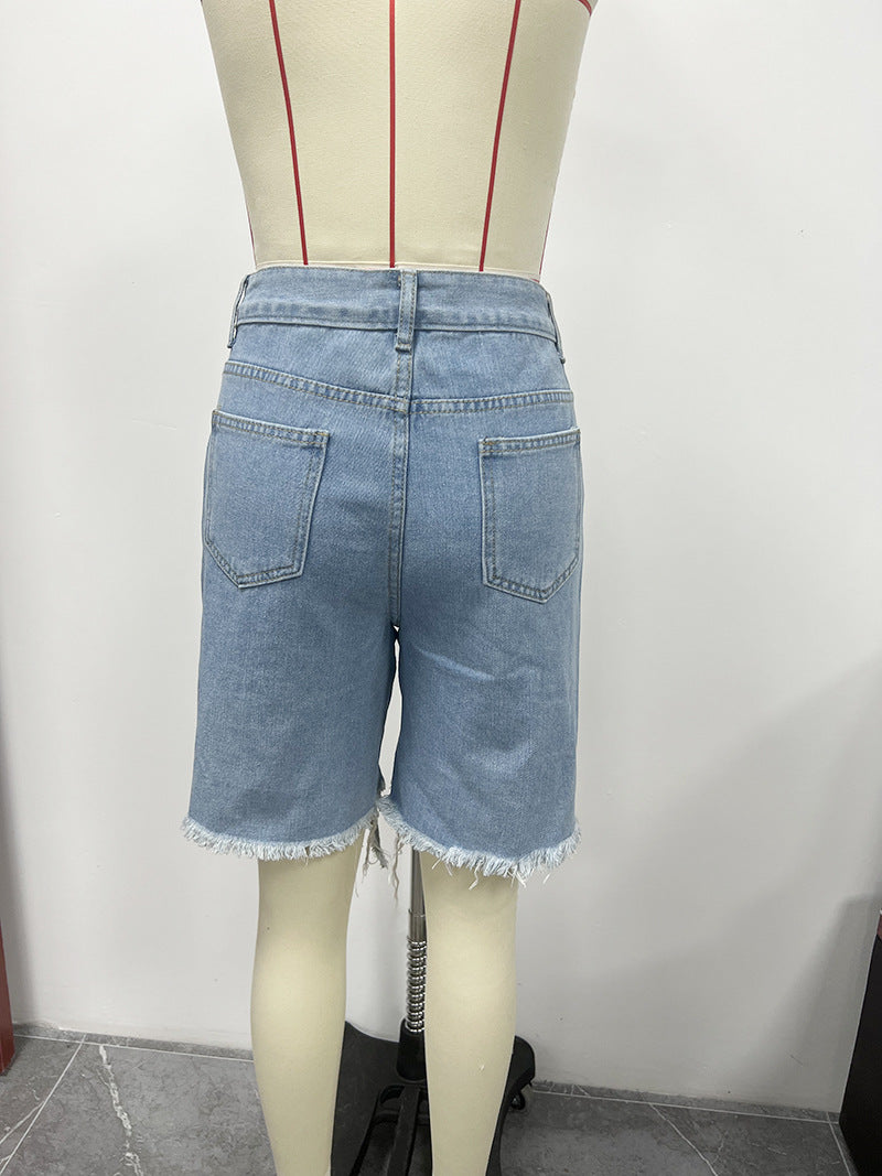 Summer Women's Denim Shorts Ripped Loose High Waist Knee-Length Shorts 19