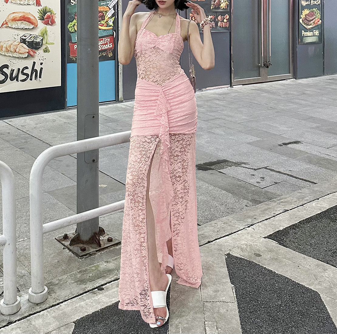 Summer Fashion Chic Elegant Lace Patchwork Halter Neck Slit Long Dress 15