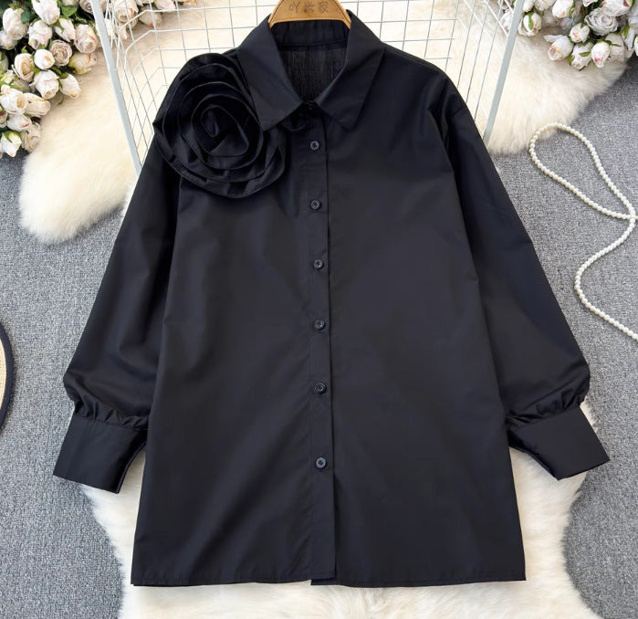 Women spring and autumn floral long-sleeved Turndown Collar Solid Casual Top 9