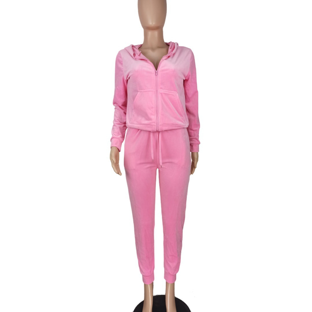 Women's Fashion Casual Velvet Hooded Women's Two-Piece Tracksuits 12