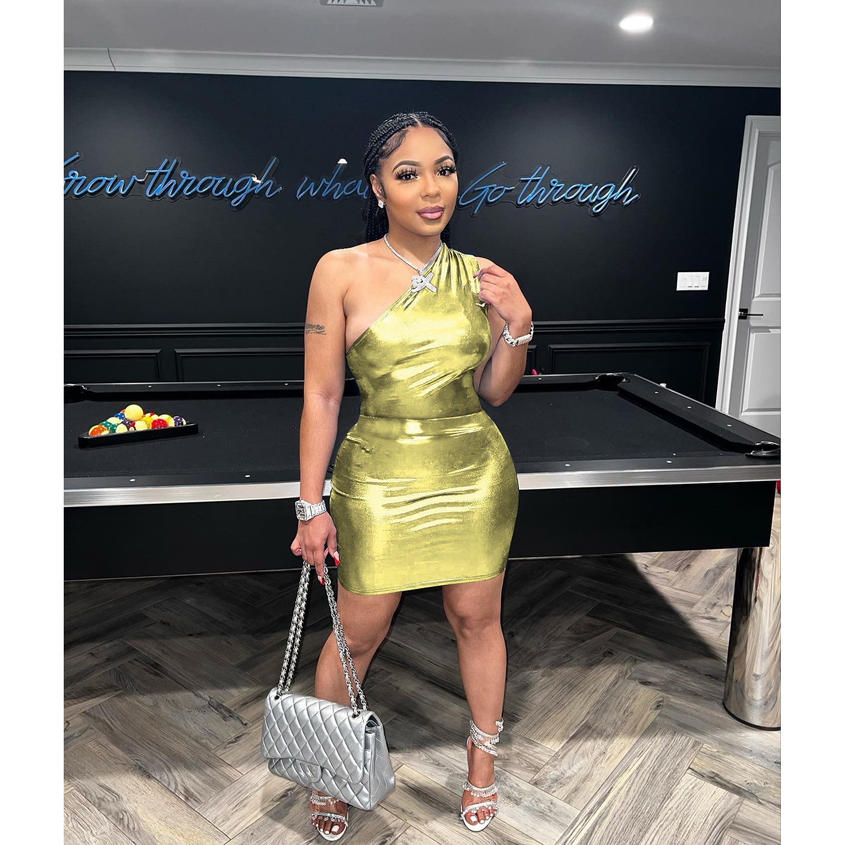 Women's Clothing Shiny One Shoulder Sexy Sleeveless Bodysuit + Skirt Set 6