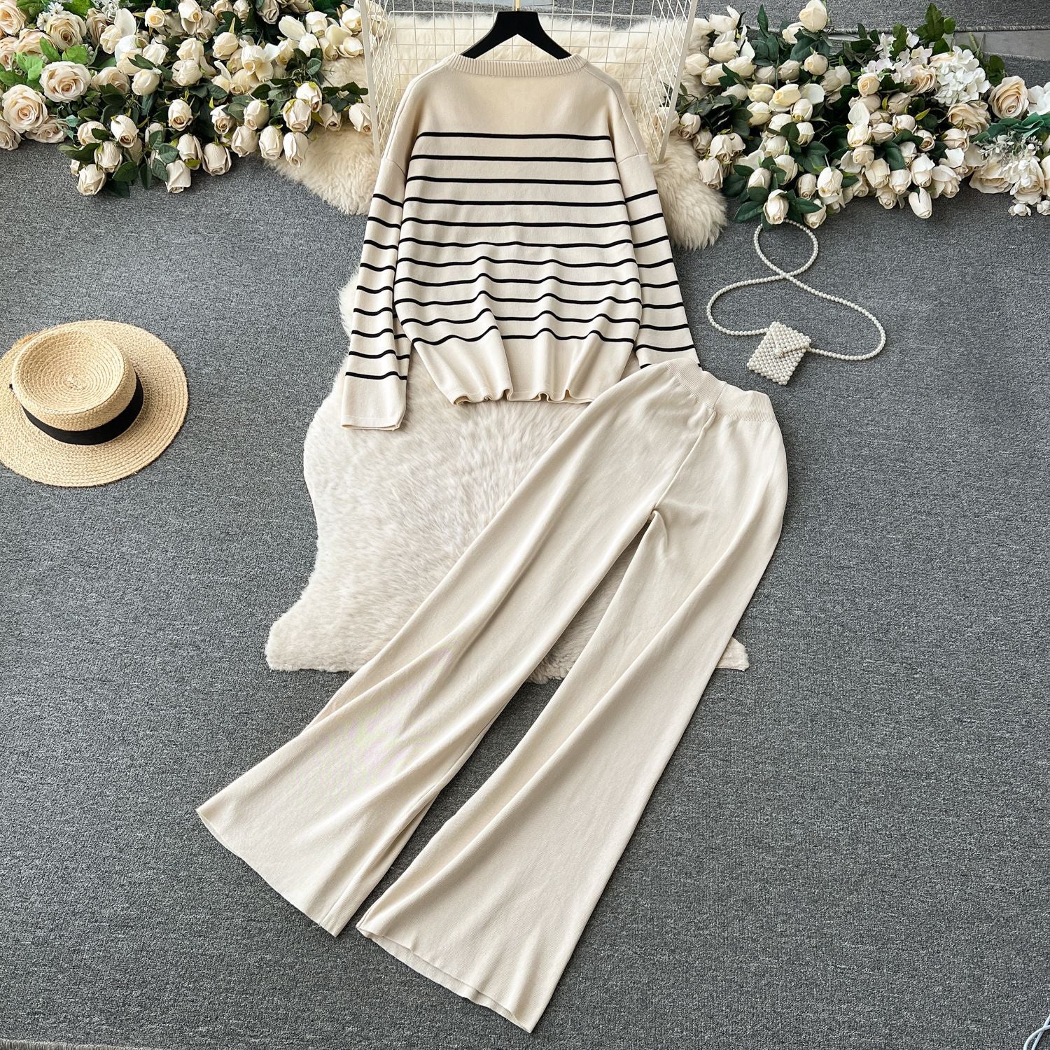 Women Casual V Neck Striped Knitting Top and Pants Two-piece Set 3
