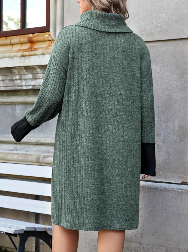 Plus Size Women High Neck Knitting Color Block Loose Casual Dress