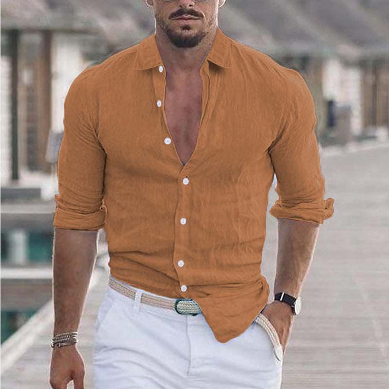 Men 's Summer Turndown Collar Long Sleeve Solid Color Beach Linen Shirt 14