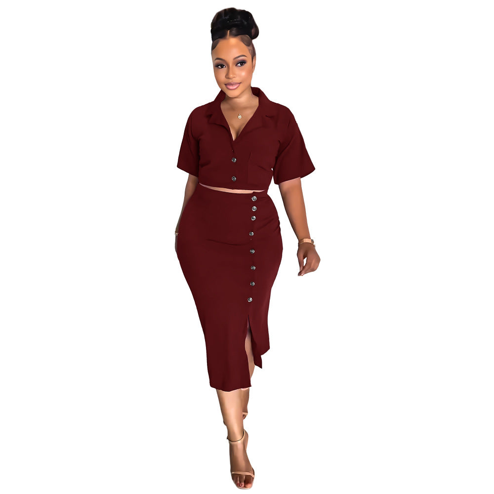 Women Summer Polo Neck Short Sleeve Blazer and Slit Skirt Career Two-Piece Set 15