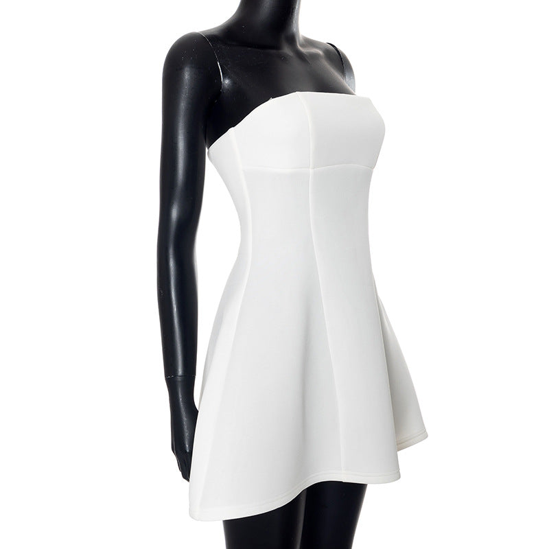 Women Summer Solid Casual Backless Strapless Short Dress 11