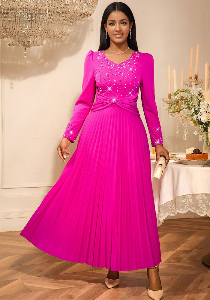 Women beaded v-neck long sleeve pleated party dress