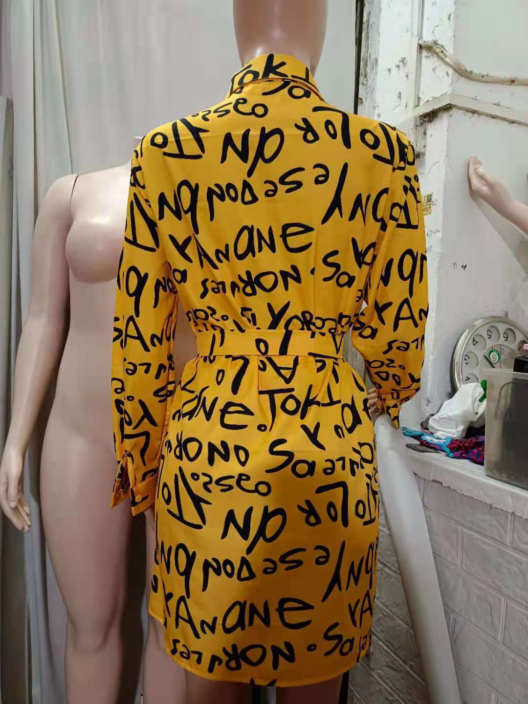 Fall Women's Chic Print Cardigan Turndown Collar Loose Shirt Dress 13