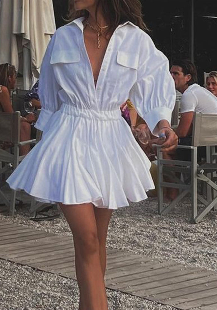 Women's Casual Cotton Turn-Down Collar 3/4 Sleeve A-Line Shirt Dress