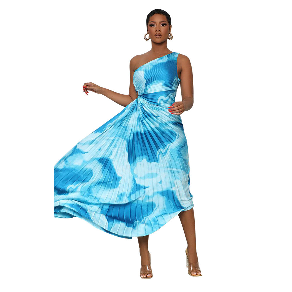 Women Slash Shoulder Sleeveless Pleated Maxi Dress 12