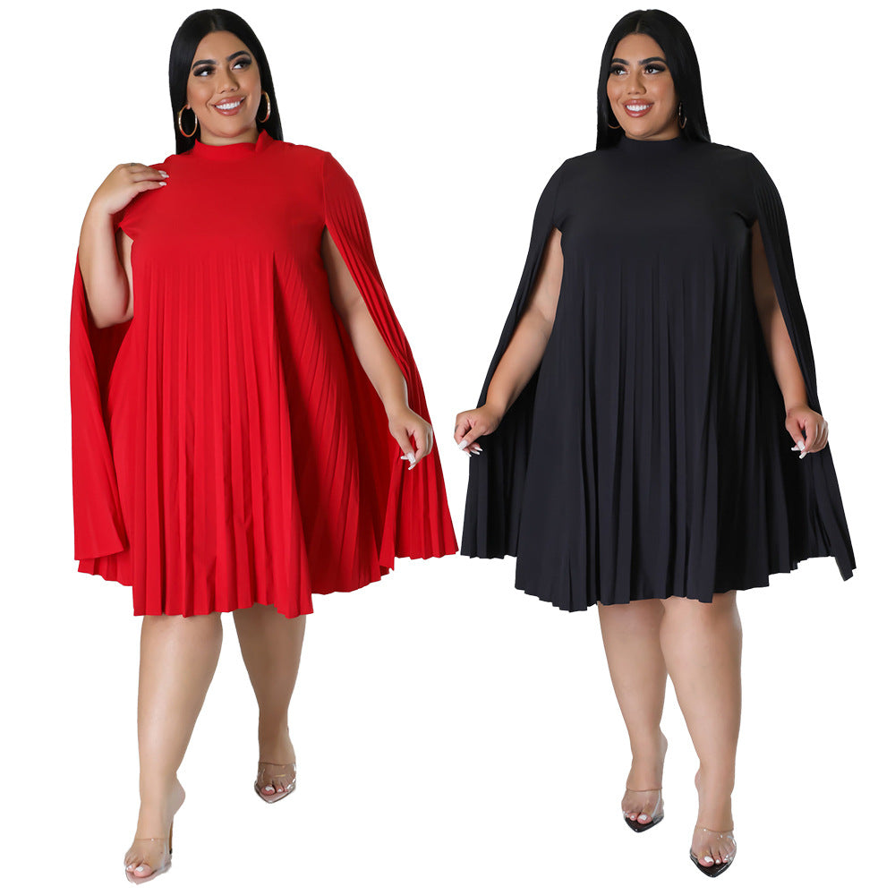 Plus Size Women Bell Bottom Sleeve Pleated Dress 9