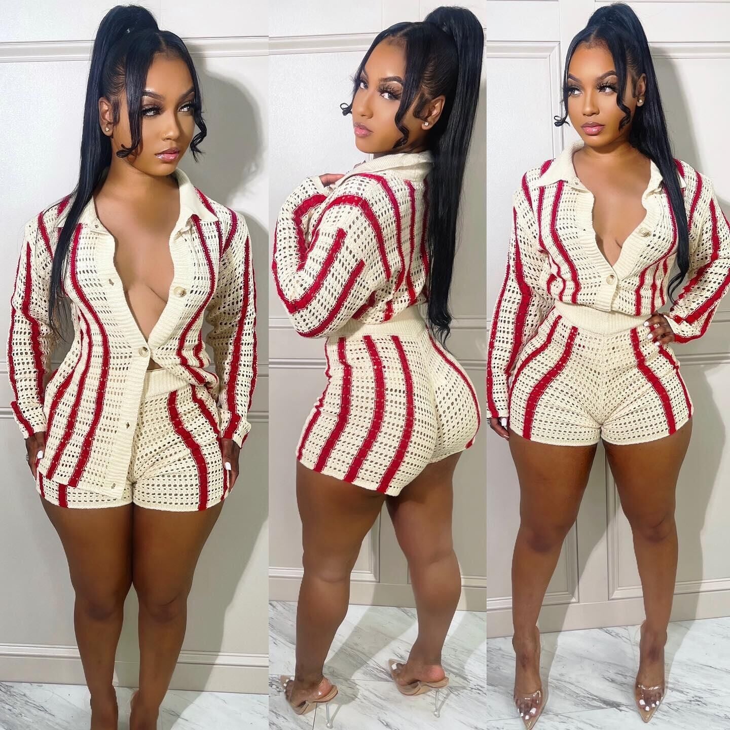 Women Turndown Collar Button Stripe Sweater + Shorts Two-Piece Set 5