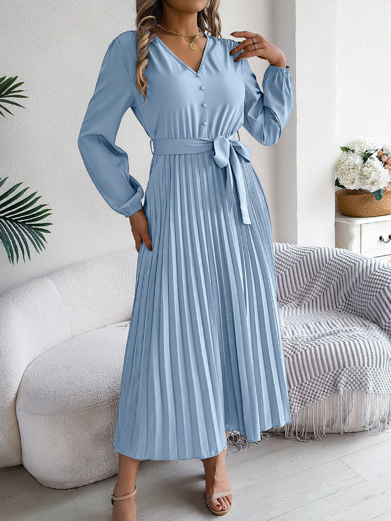 Women Elegant V-neck Button Lace-up Pleated Dress 8