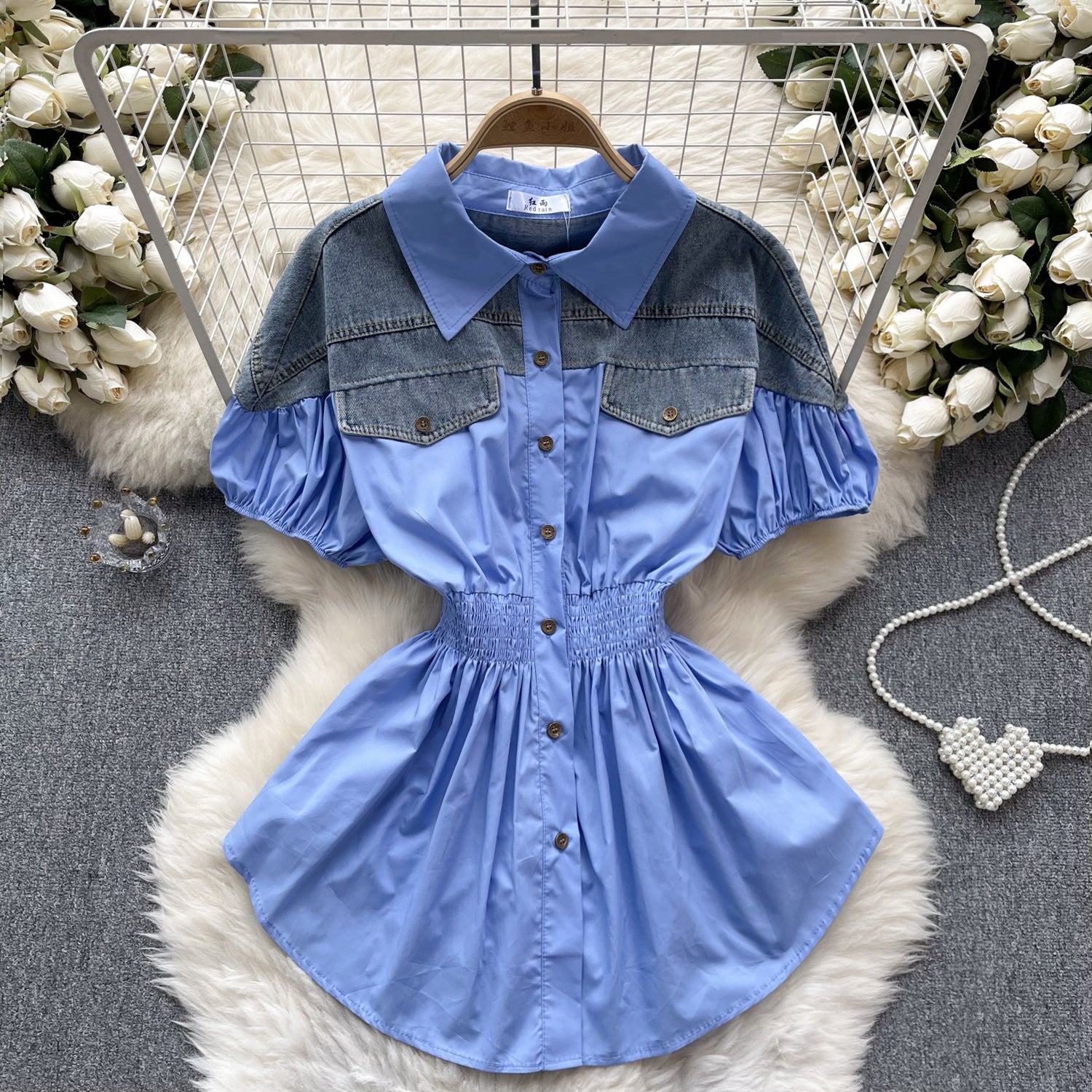 Women Contrast Patchwork Puff Sleeve Stretch Shirt 15