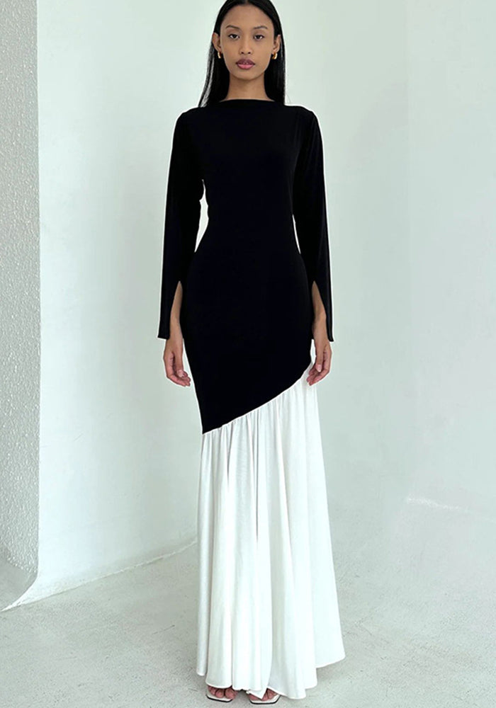 Women Color-blocked Round Neck Sexy Long-sleeved Dress