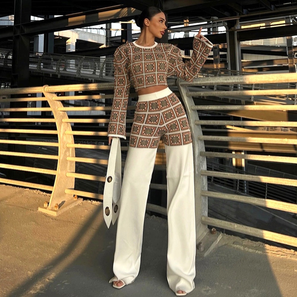 Women's Autumn Winter Printed Plaid Long Sleeve Short Top High Waist Straight Trousers Two Piece Set 3