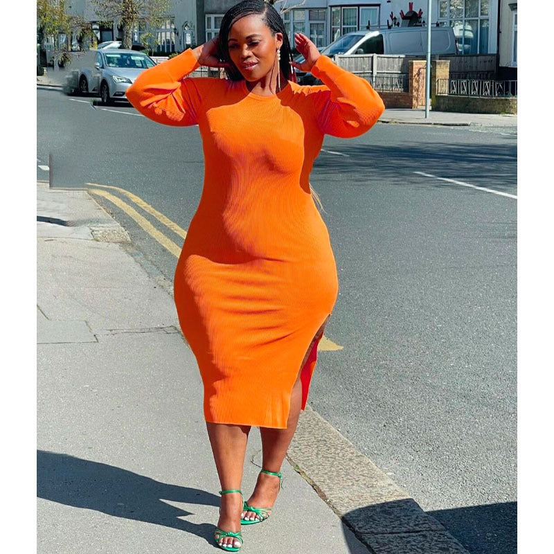 Autumn Plus Size Women's Ribbed Fashionable and Sexy Chic Slim Long Sleeve Round Neck Dress 3
