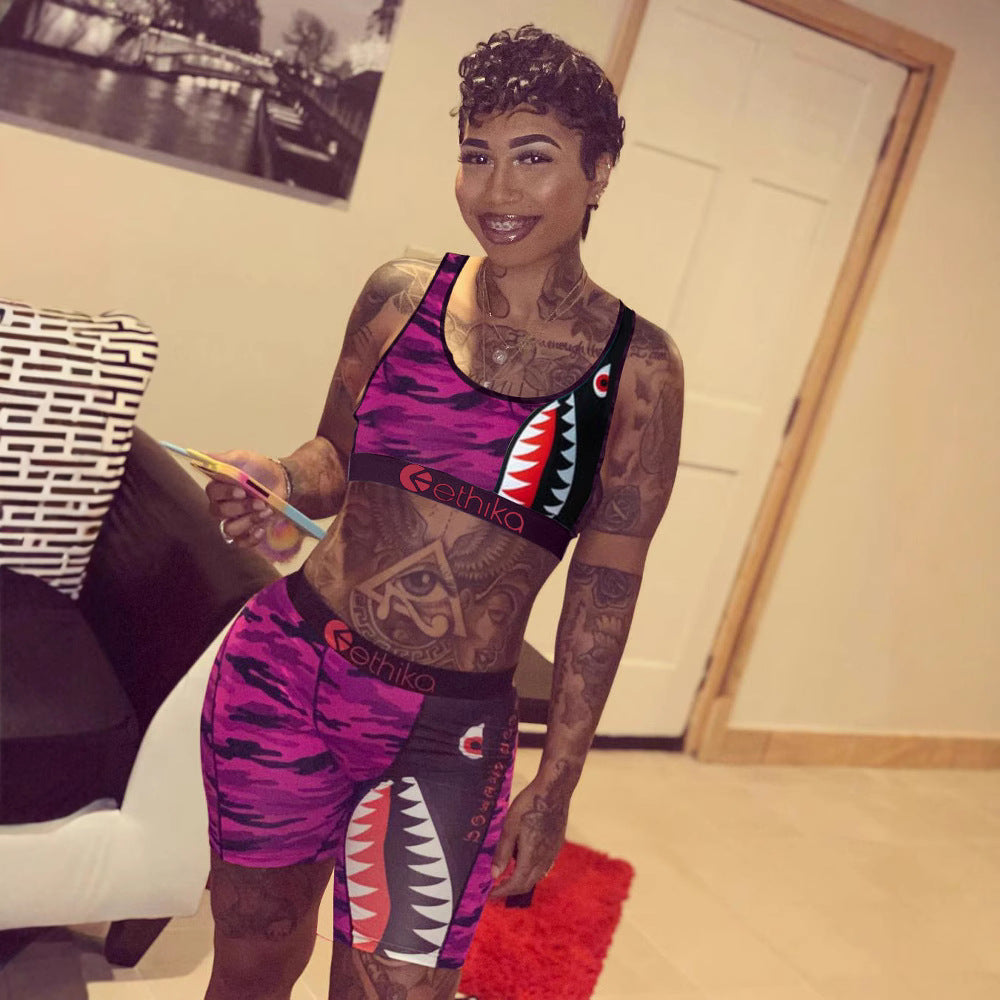 Cartoon Print Casual Camouflage Tank Biker Shorts Two-Piece Set 6