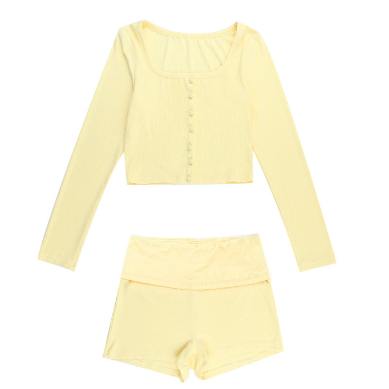 Long Sleeve Top & Shorts Set Summer Streetwear Solid Color Outfit 10