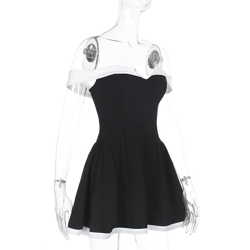 Summer Off Shoulder Contrast Color Elegant Slim Waist Tight Fitting Short Dress 7