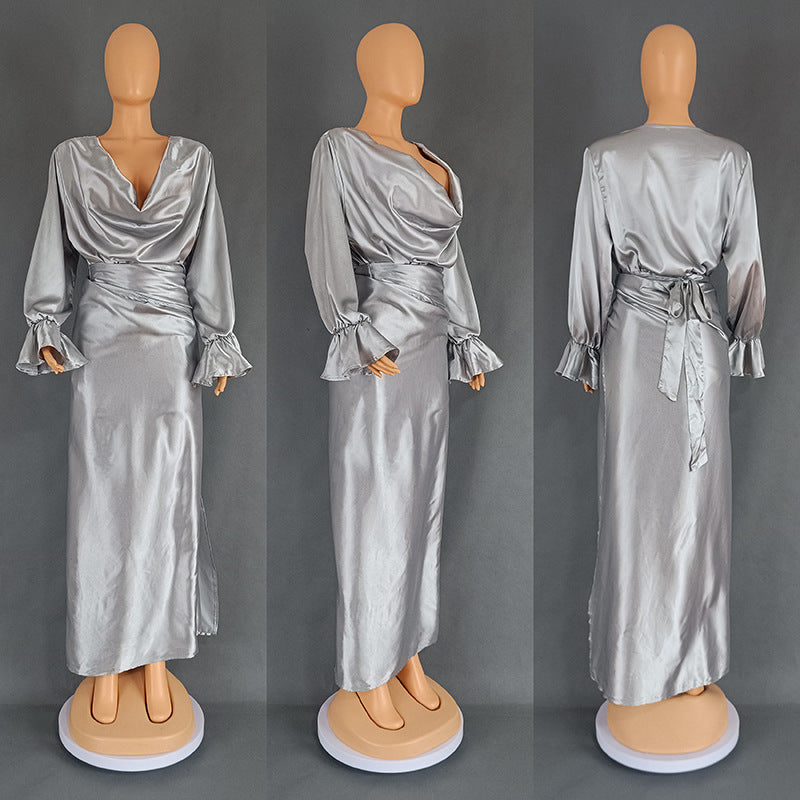 Women's clothing loose long Sleeve top long skirt two-piece set 9