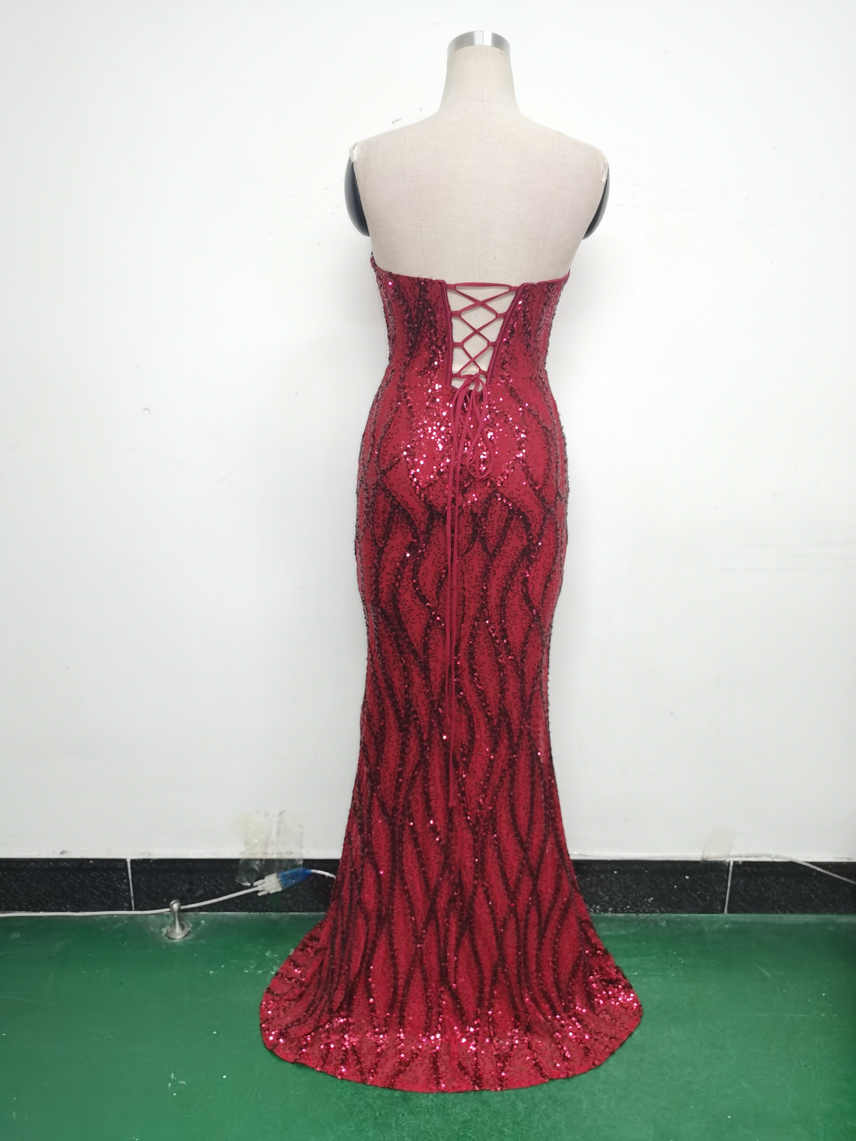 Fishbone Slim Waist Heart Neck Sequin Evening Dress Luxury Formal Party Gown 29