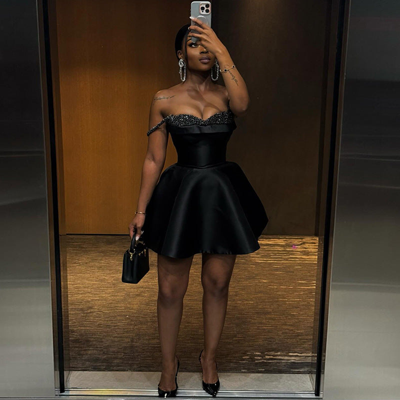 Women Fall Elegant Sequin Patchwork Strapless Strap Dress 3