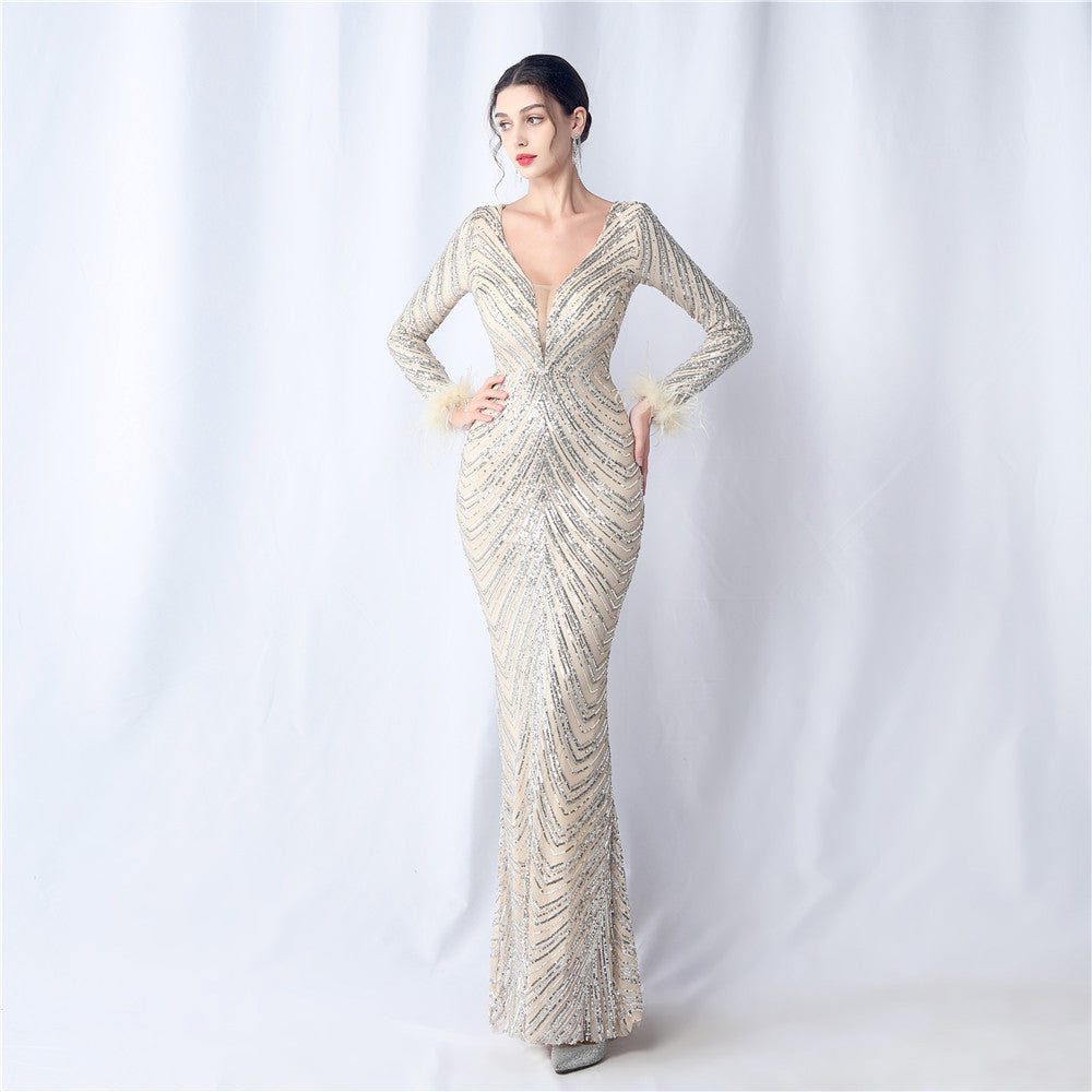 Sequins Feather Long-Sleeved Evening Dress 9