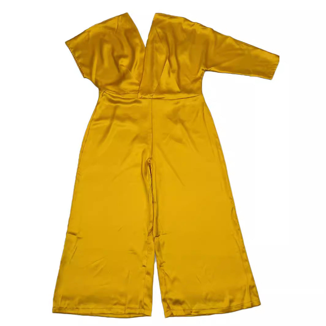 Plus Size Solid Color Satin V-Neck Loose Jumpsuit 7