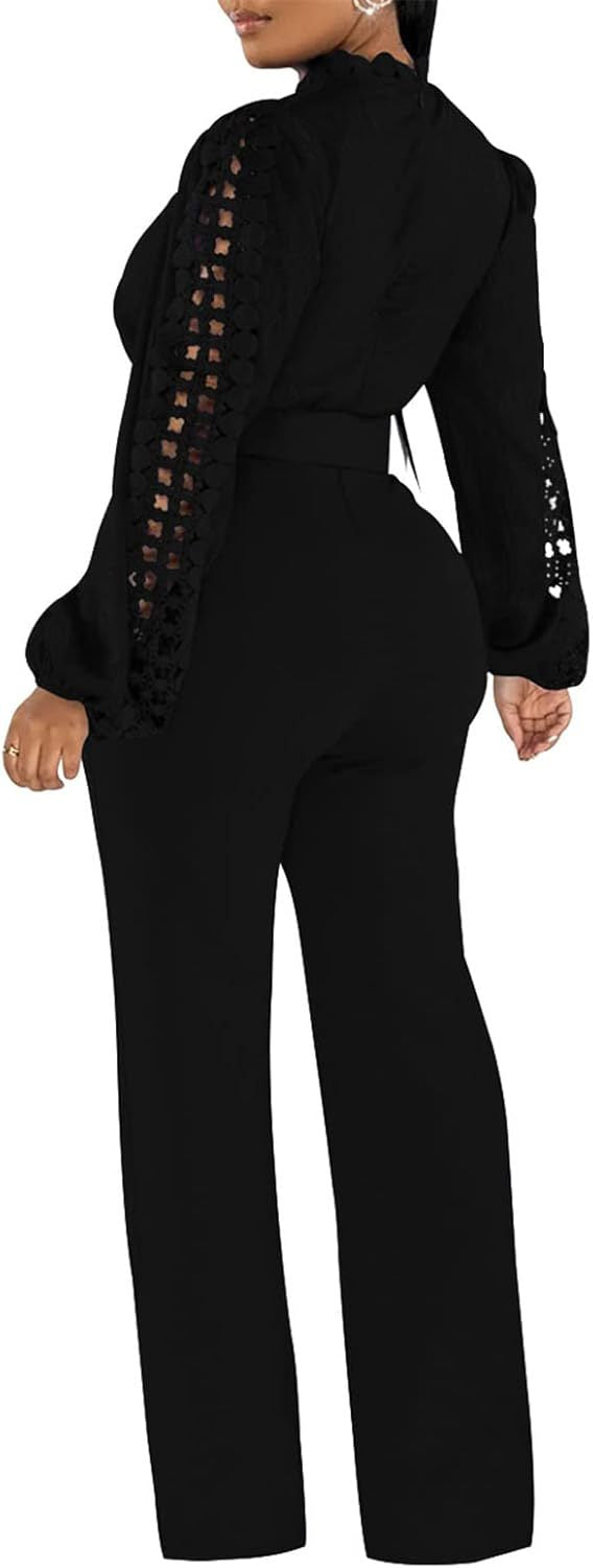 Women Elegant Lace Patchwork Lace-Up Wide-Leg Jumpsuit 18