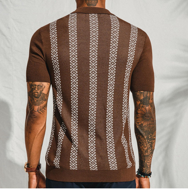 Men's Summer Striped Jacquard Knitting Short Sleeve Polo Top 7