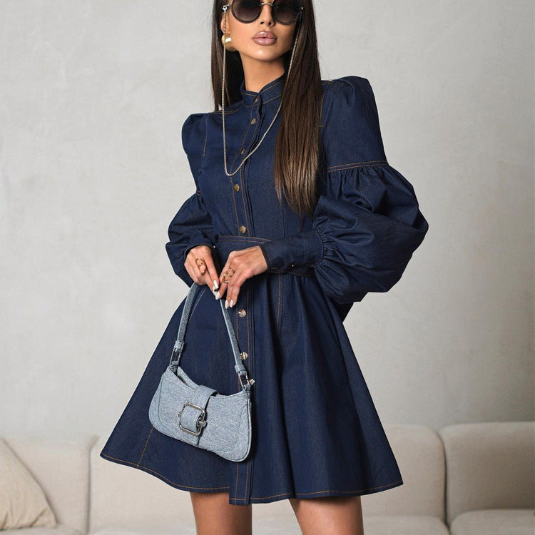 Women Denim lantern sleeve tie shirt dress 3