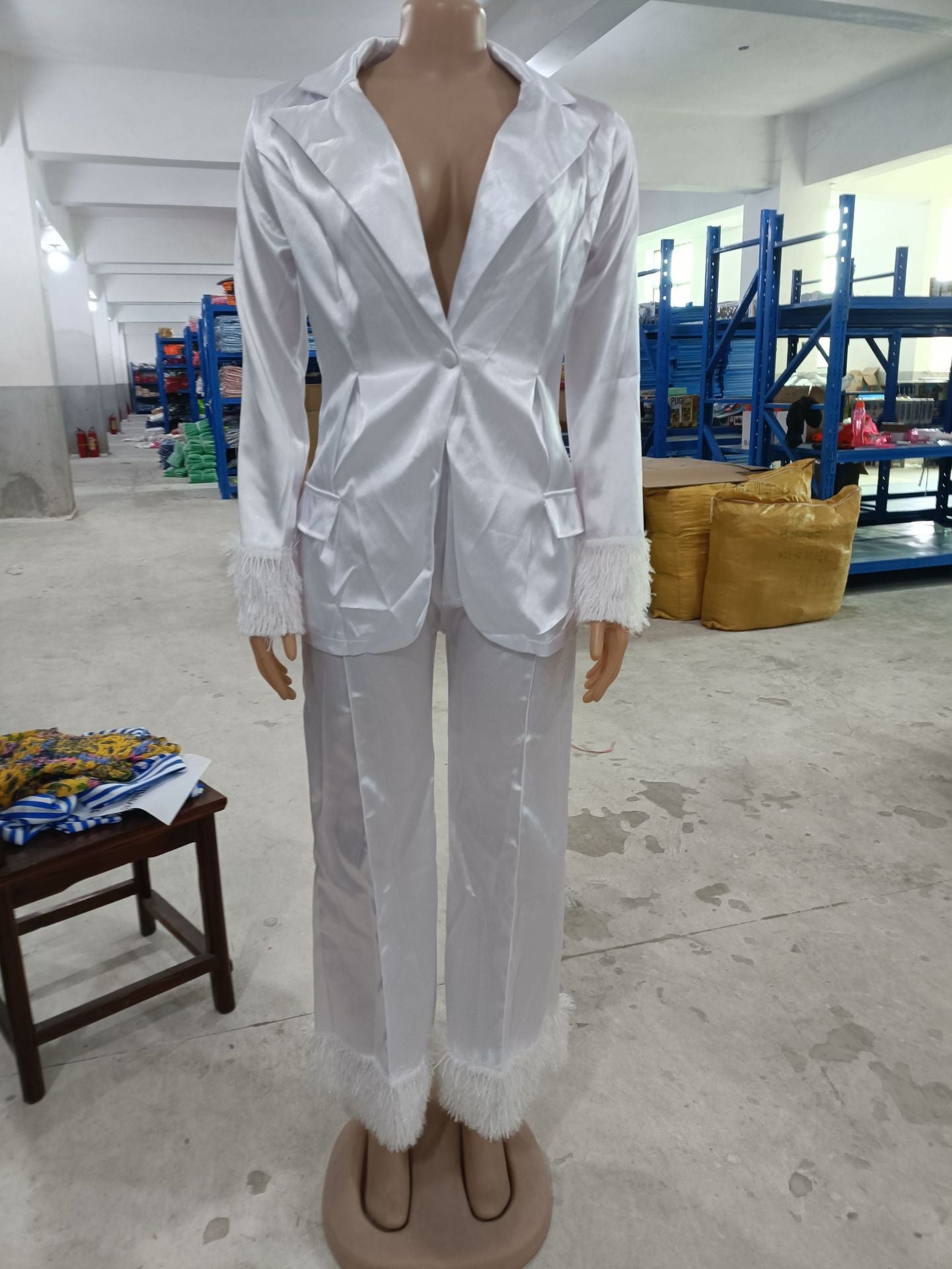 Women's Fashion Two-piece Blazer and Pants Suits with Feather 9