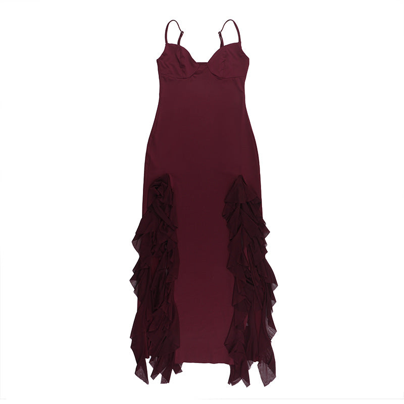 Strap Chic V-neck Holidays Slit Ruffle Dress 11