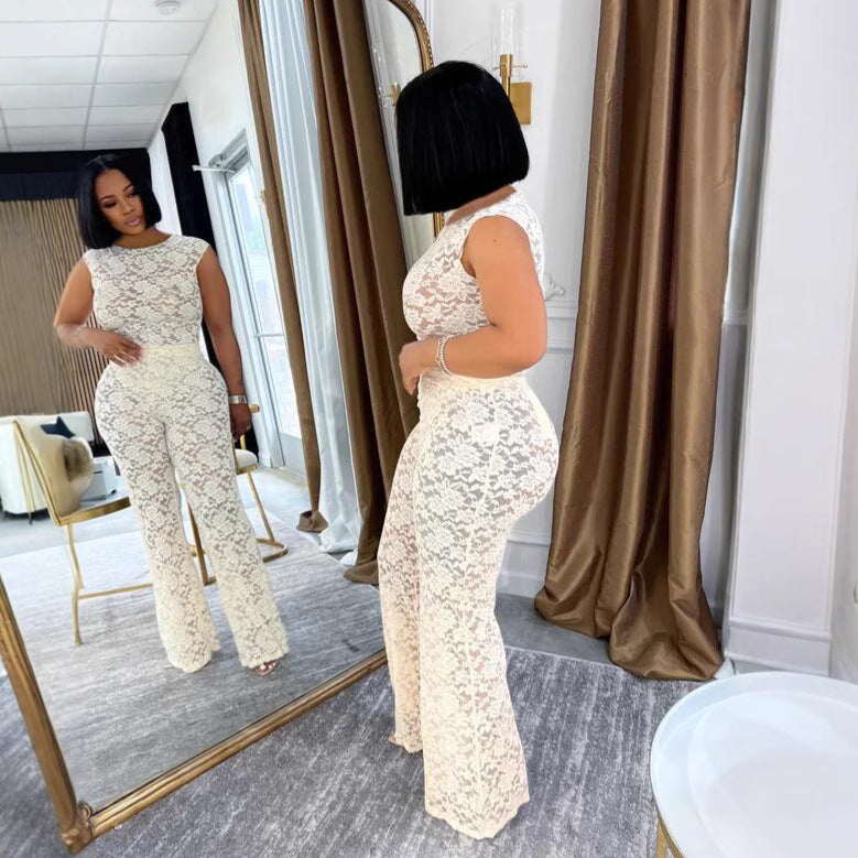 Women Elegant See-Through Lace Top and Pants Two Piece 5