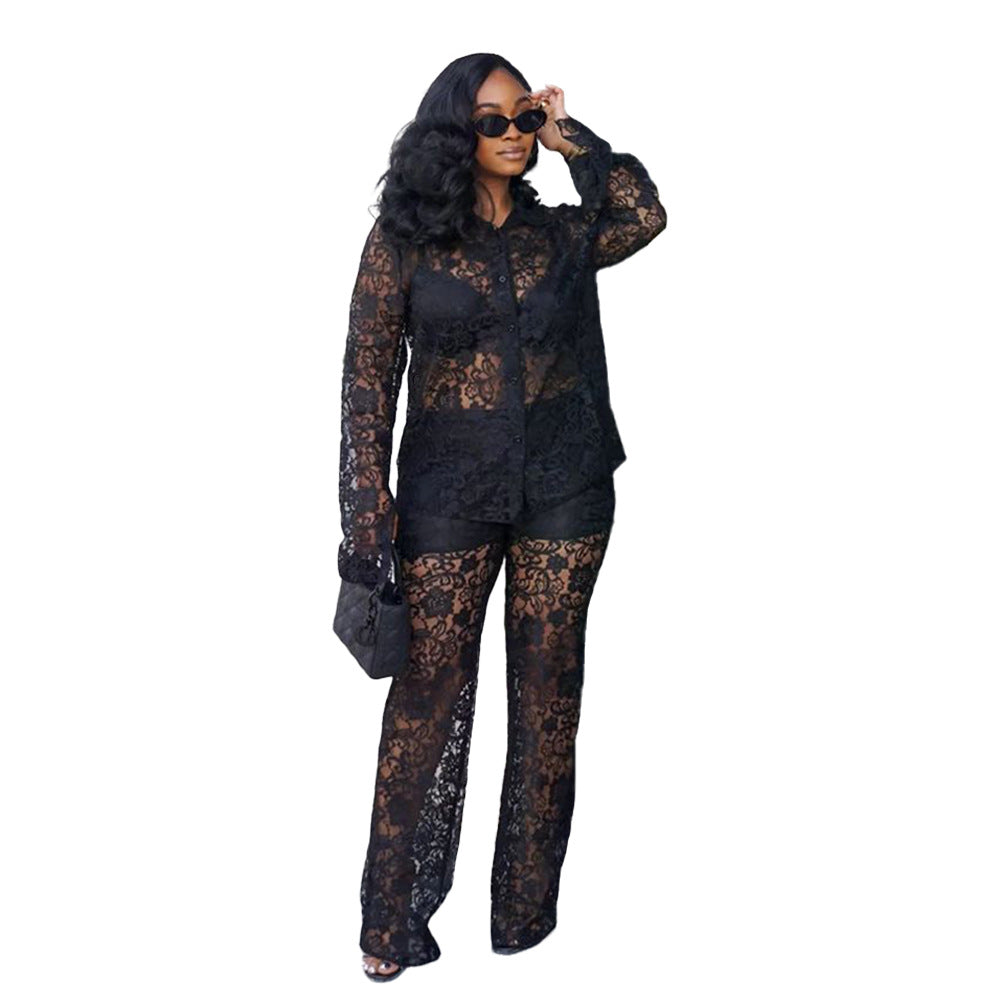 Summer Women Sexy Lace Pattern Turndown Collar See-Through Top and Pant Two-piece Set 7