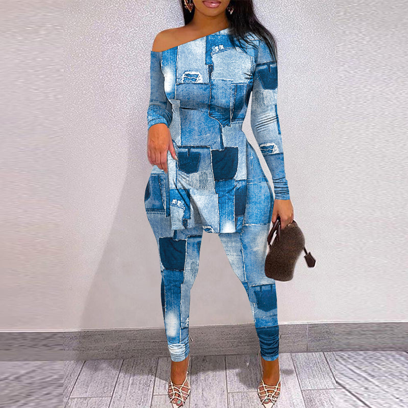 Women'S Fashion Print Slash Shoulder Long Sleeve Top Slim Pants Two Piece Set