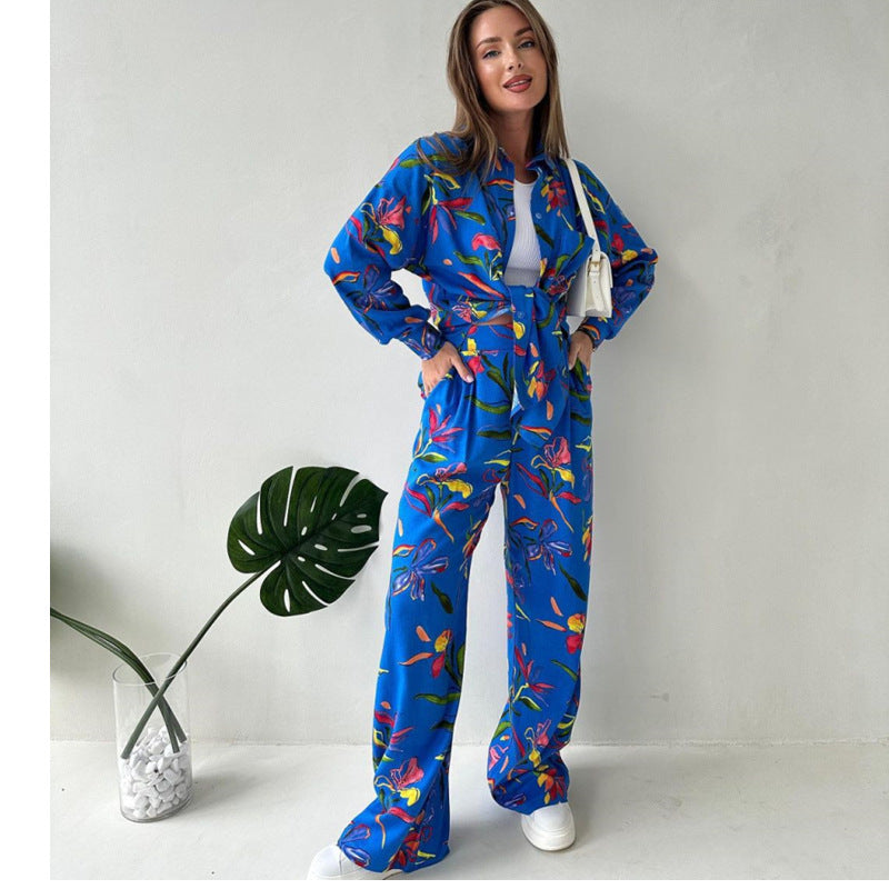 Plus Size Women printed lace-up loose shirt and straight pants two-piece set 4