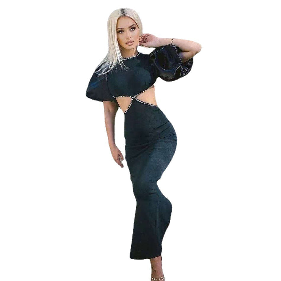 Puff Sleeve Low Back Black Evening Dress Long Party Dress 6