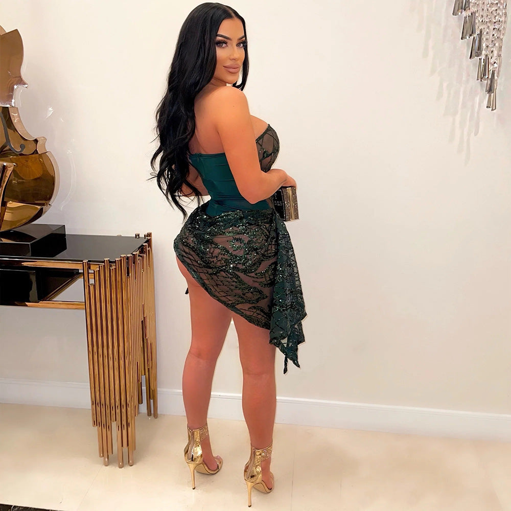 Women Sexy V-Neck Strapless See-Through Sequined Irregular Mini Dress 5