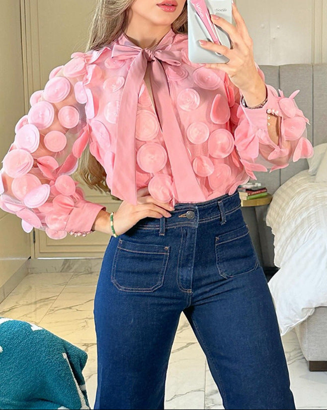 Women's Tie Chiffon Shirt Hollow Lantern Sleeves Trendy Mesh Shirt 3