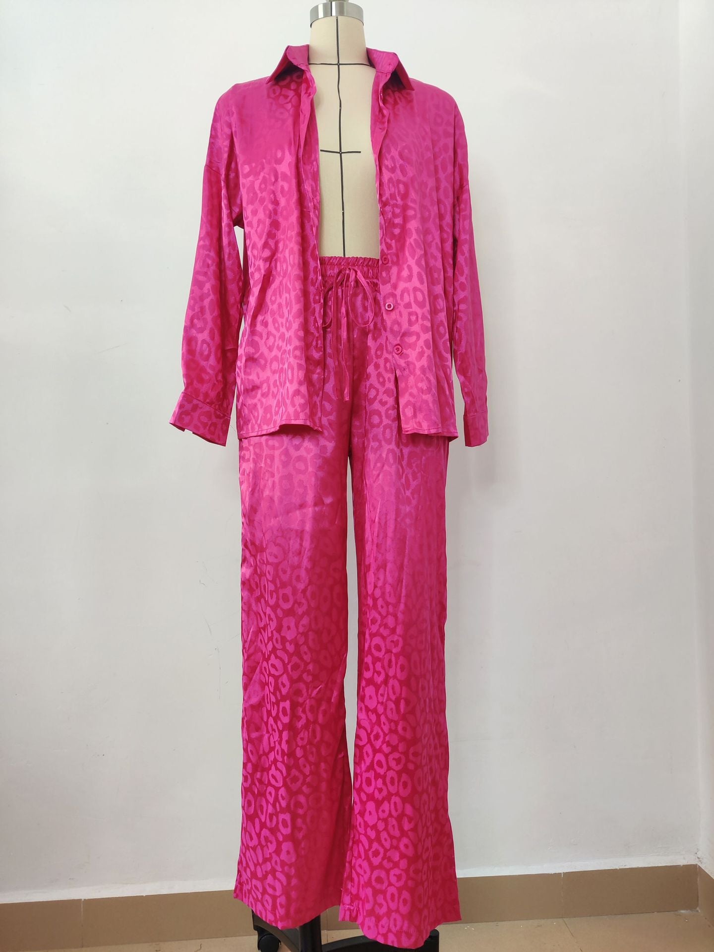 Women leopard print jacquard long-sleeved shirt and elastic waist loose trousers two-piece set 26