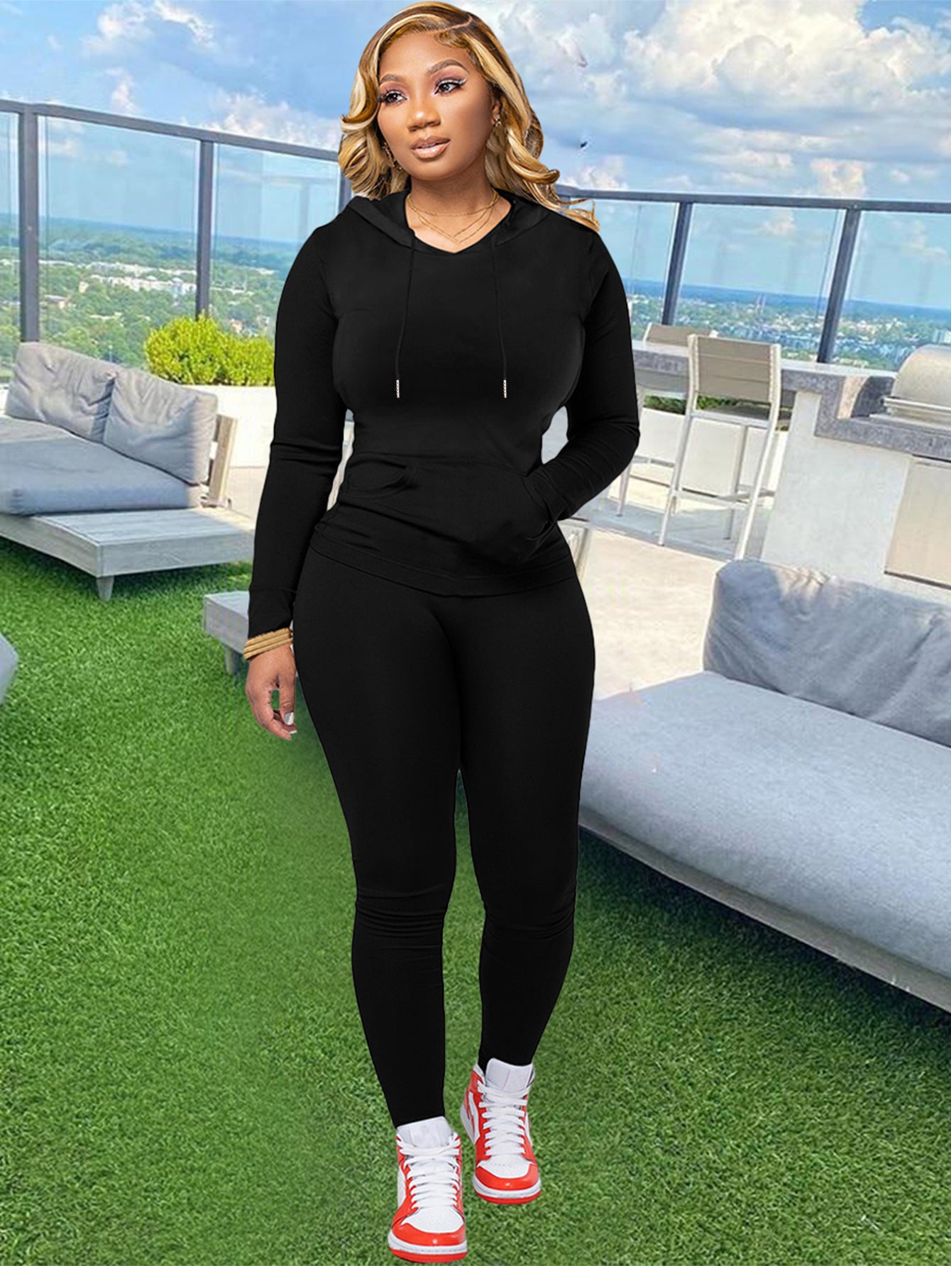 Women Casual Sports Long Sleeve Hooded Top and Pants Solid Two-Piece Set 5