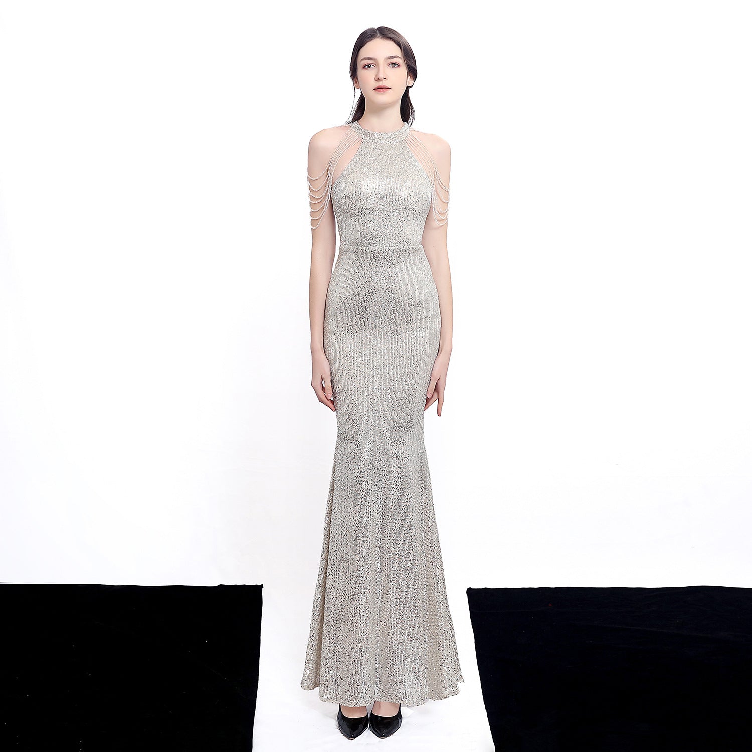 Women Elegant Long Halter Sequins Fishtail Evening Dress 8