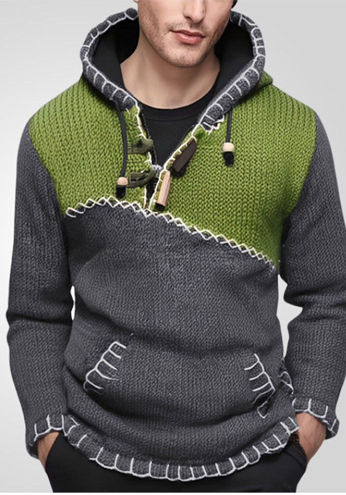 Men's Fashion Long-Sleeved Contrast Color Knitting Shirt Casual Hooded Pullover Sweater