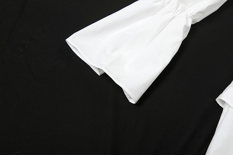 Autumn Women's Sexy Color Block Off Shoulder Puff Sleeve Slim Waist Casual Dress 22