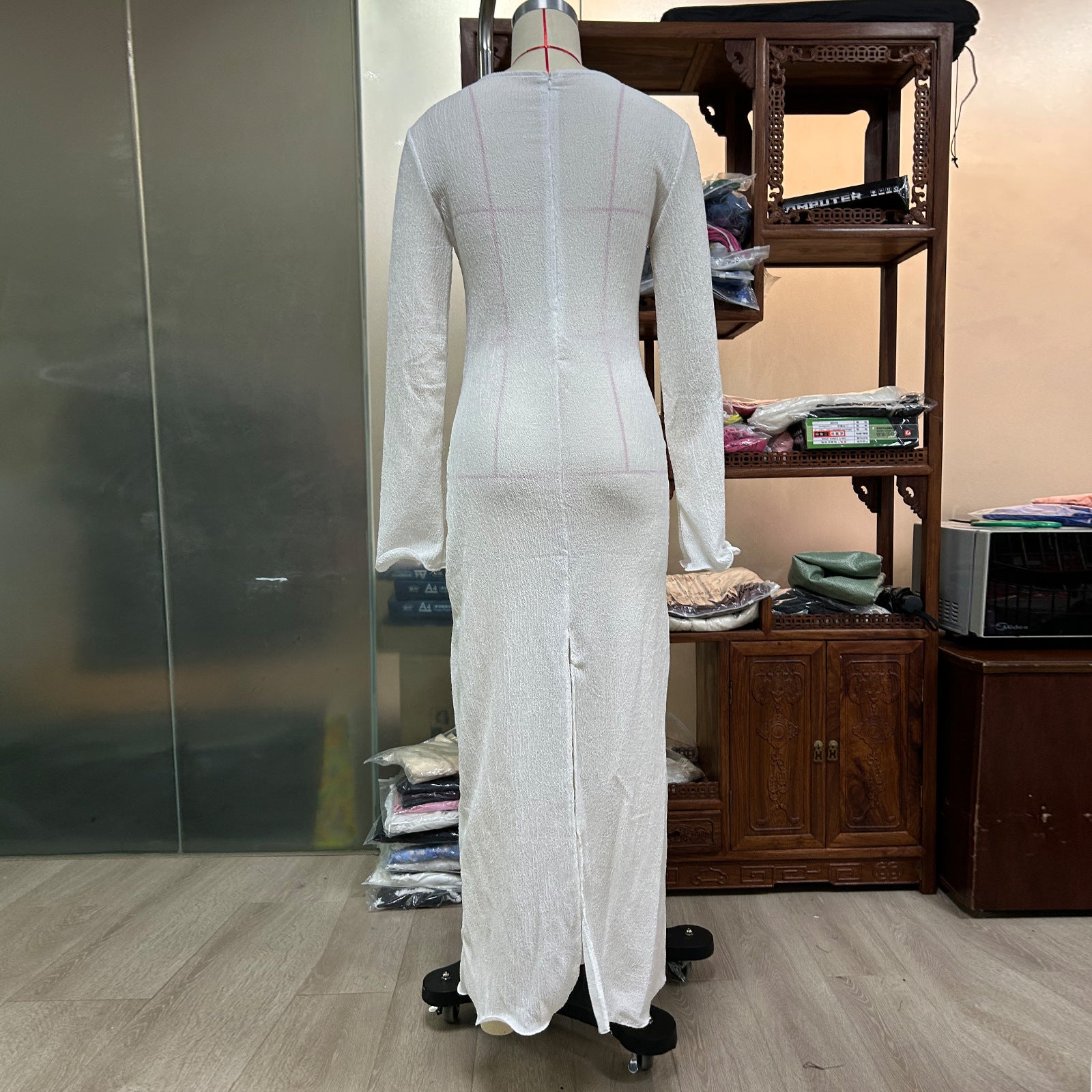 Women Flower Decoration V-Neck Long Sleeve Solid Color Slit Long Dress 7