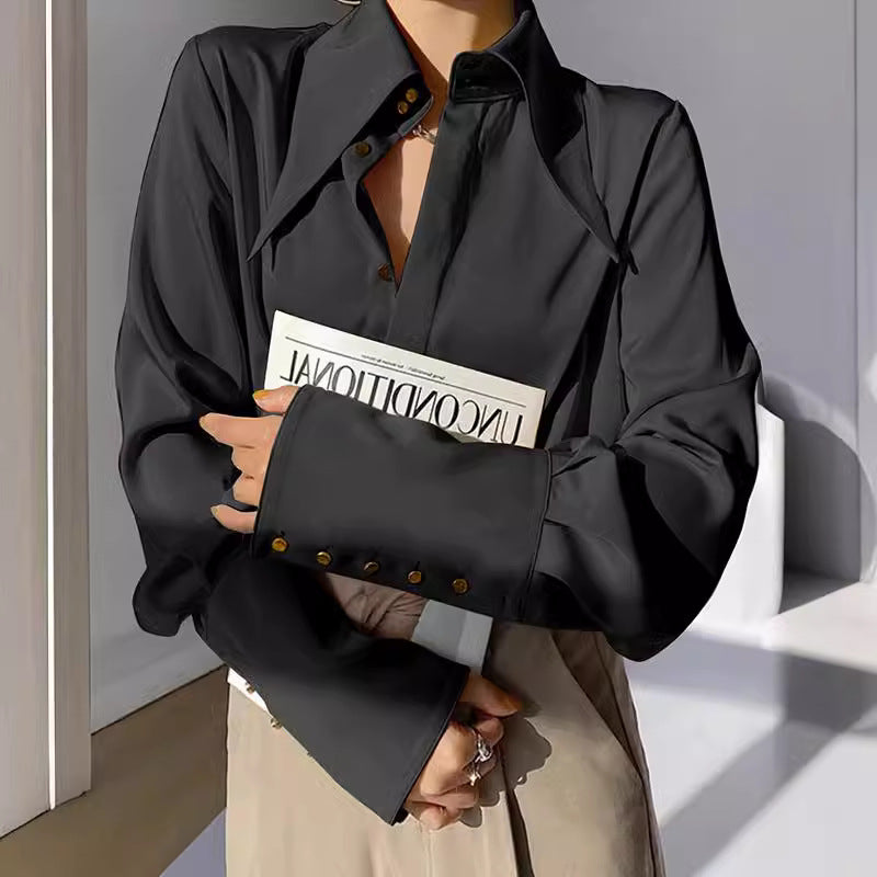 Rib Long-Sleeved Loose Turndown Collar Shirt Top 7