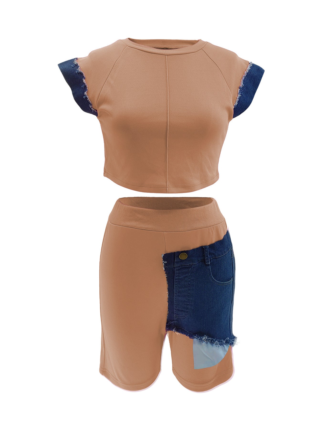 Women Casual Denim Patchwork Short-sleeved Top and Shorts Two-piece Set 28