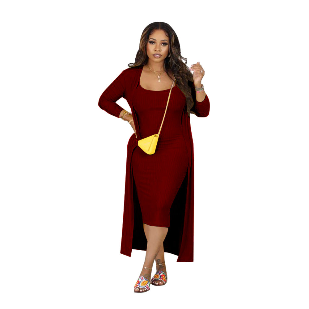 Women Ribbed Long Sleeve Robe and U-neck Suspender Midi Dress Two-piece Set 14